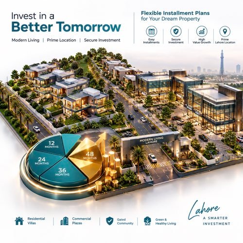Modern residential villas and commercial plots available on easy installment plans in Lahore housing societies
