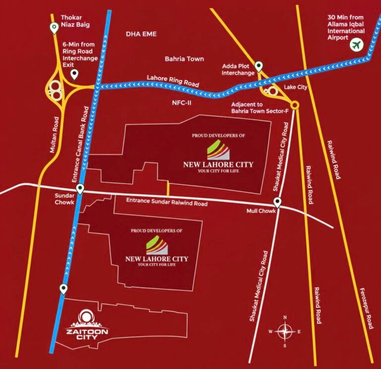 New Lahore City location map showing access routes from Main Canal Bank Road Ring Road and Raiwind Road Lahore