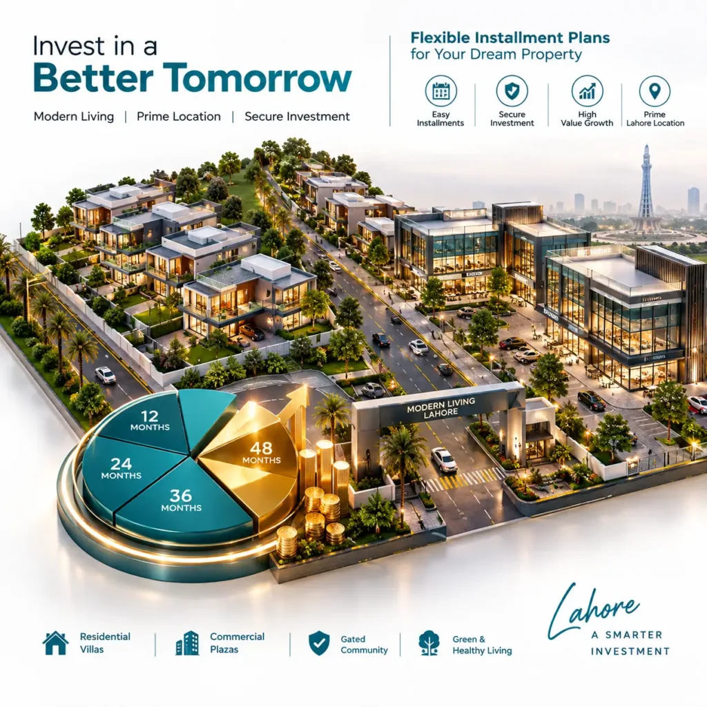 Modern residential villas and commercial plazas in Lahore with flexible installment plans — 12, 24, 36, and 48 months options.