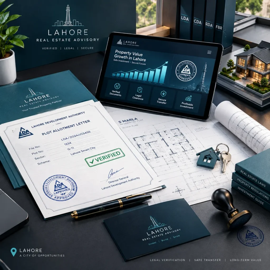 LDA approved plot allotment letter, 5 Marla residential plot floor plan, and property value growth graph — Azlan Associates Lahore.