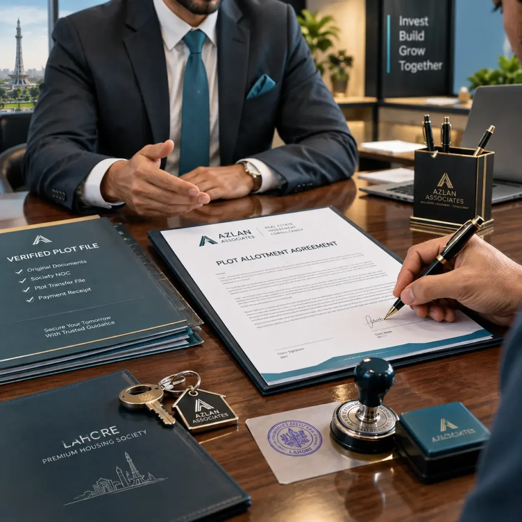 Client signing a plot allotment agreement with Azlan Associates in a modern office, with verified plot file, keys, and official stamp on the desk.
