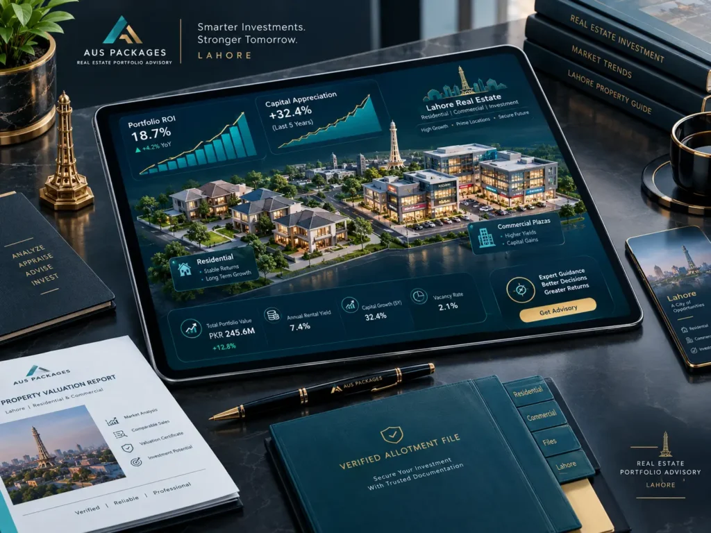 Strategic property investment portfolio dashboard showing ROI, capital appreciation, and verified allotment files for Lahore real estate.
