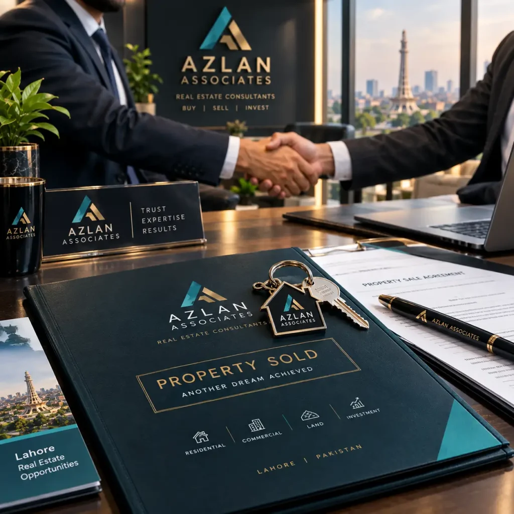 Azlan Associates property sold folder with house keys and property sale agreement on desk, with a handshake between client and consultant in a Lahore real estate office.