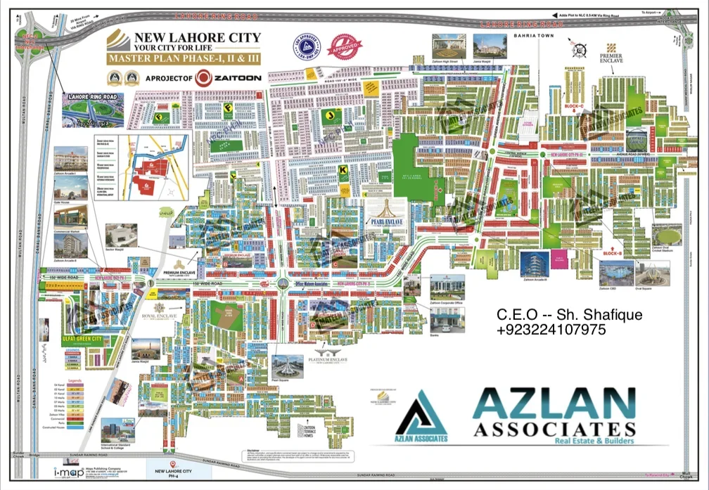 New Lahore City Maps- Phase 1, 2 & 3 master plan map showing residential blocks, commercial areas, main boulevard, and Lahore Ring Road access.