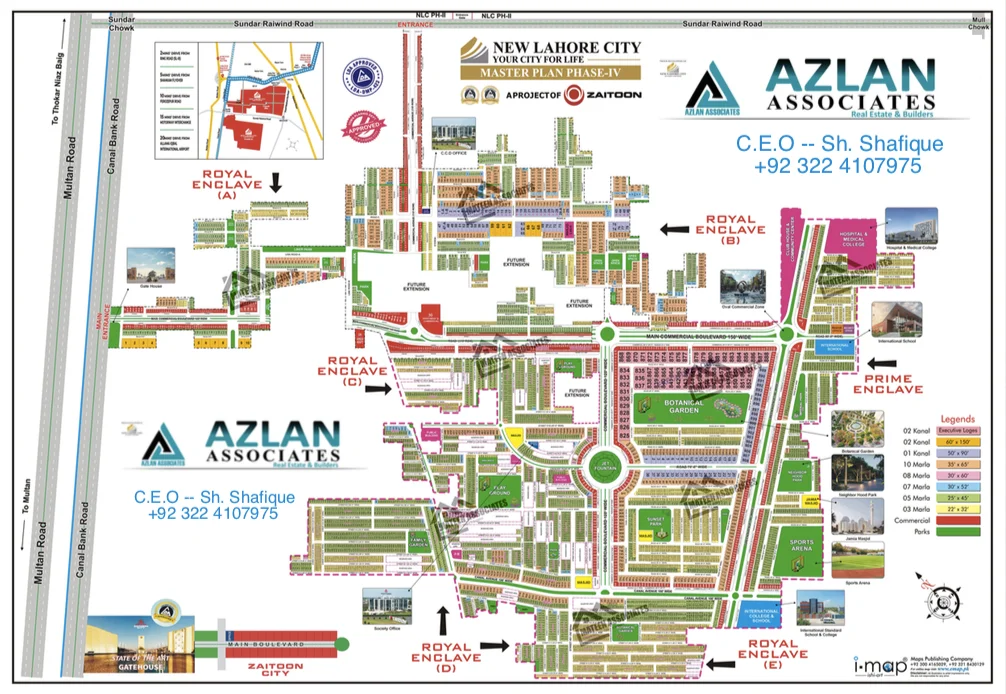 New Lahore City Phase 4 master plan map showing Royal Enclave, Prime Enclave, Botanical Garden, Sports Arena, Hospital, and residential plots.